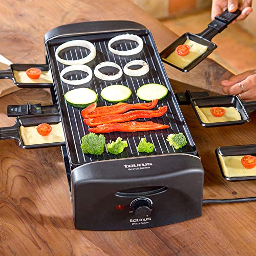 Taurus Arizona-Raclette, Placa Reversible Grill o Lisa, 42 x 21 cm, Antiadherente, 8 Mini sartenes de Distintos Colores, Producto Libre de PFOA y BPA, Negro