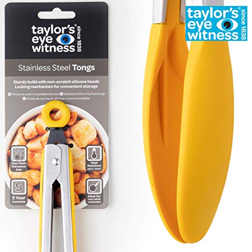 Taylors Eye Witness Pinzas Silicona Y Acero Amarillo Grandes - Apto Para Lavavajillas. Duradero, Cabezales Sin Arañazos Y Mecanismo De Bloqueo. Resistente Al Olor, Manchas Y Calor