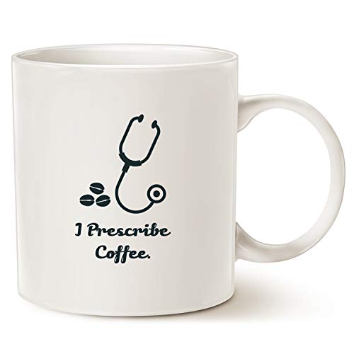 Taza de café con Texto en inglés «I Prescribe Coffee Best Dr Gifts», Color Blanco