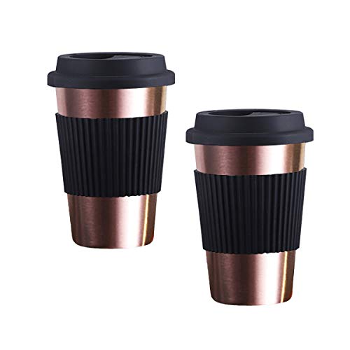 Taza de café de acero inoxidable ZEARE con funda de silicona y tapa a prueba de fugas, respetuosa con el medio ambiente, reutilizable para café, té y cerveza, 17oz Oro rosa, 2 unidades.