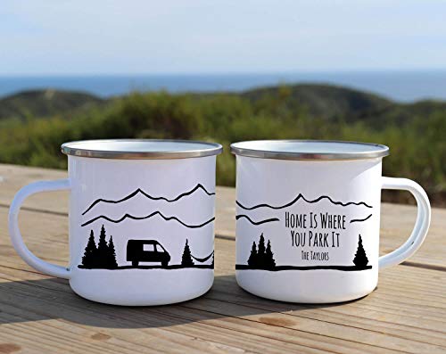 Taza de camping Home is Where You Park It esmaltada personalizada taza de aventura regalo de camping para papá rústico taza de café decoración camper una taza