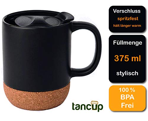 Taza de cerámica negra de 375 ml con tapa para protección contra salpicaduras y base de corcho aislada que mantiene el calor durante más tiempo. Ideal para tu café o té diario.