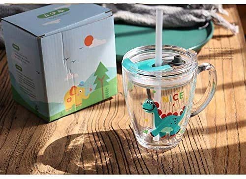 Taza de leche con pajita de silicona, vaso de beber con asa, botella dosificador con diseño simpático jarra de agua transparente con tapa, vaso antifugas, para niño y niña, 350 ml