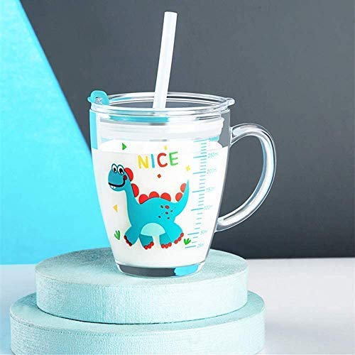 Taza de leche con pajita de silicona, vaso de beber con asa, botella dosificador con diseño simpático jarra de agua transparente con tapa, vaso antifugas, para niño y niña, 350 ml