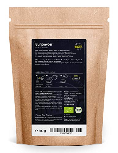 Té verde Gunpowder Temple of Heaven orgánico 800 g - hojas de té verde esféricas, enrolladas - taza verde claro - agradablemente suave, fresco, delicadamente fino, seco y dulce