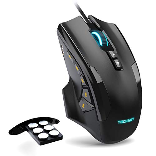 TECKNET Ratón Gaming con Cable Ratón Láser de Alta Precisión (16400 dpi, Ratón Programables de 10 Botones, Mouse Gaming Cartucho de Ajuste de Peso Extraíble, 5 Configuraciones Macro, Negro