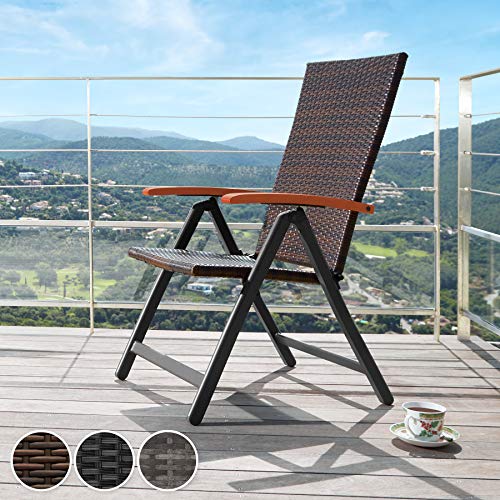 TecTake 800721 Silla de Jardín Poliratán, Plegable & Respaldo 5 Posiciones, Reposabrazos de Madera, Ideal Exterior Interior -Disponible en Diversos Colores (Negro | No. 403233)