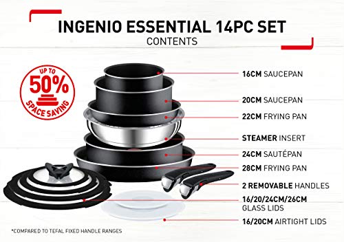 Tefal L2009542 Ingenio Essential - Juego de ollas y sartenes (14 piezas), color negro