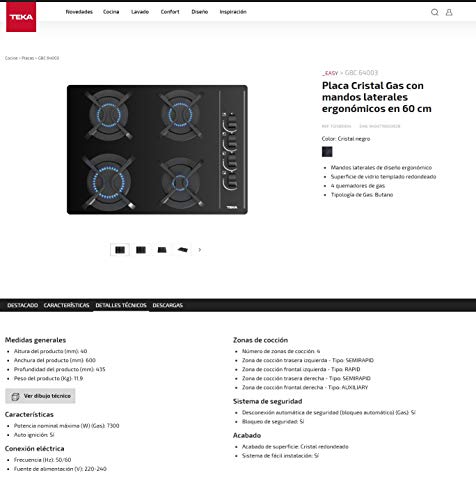 Teka | Placa Cristal Gas de 60 cm con mandos frontales ergonómicos | 4 x 60 x 43.5 cm | Eficiencia Energética