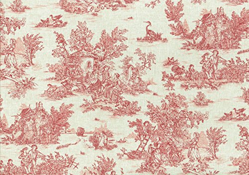 Tela Toile de jouy ‘La Vie Rustique’ (Rojo Antiguo Sobre un Fondo de Aspecto de Lino) - 100% Algodón Suave | Ancho: 155 cm (por Metro Lineal)*