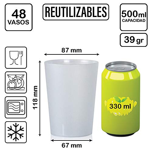 TELEVASO 48 uds - Vaso Sidra 500 ml Reutilizable Extra FUERTA- Polipropileno (PP) Duro e irrompible - Color traslúcido Satinado - Vaso ecológico Libre de BPA