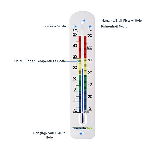 Termómetro de pared grande 380 mm con códigos de colores, hecho en Reino Unido, para uso en casa, en una habitación, en el jardín, el invernadero, para uso exterior e interior