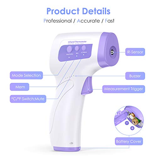 Termometro Infrarrojos para adultos Termómetro infrarrojo de frente Termómetro digital 2 en 1 Termómetros sin contacto con alarma de fiebre, Función de memoria, Termómetro para bebés