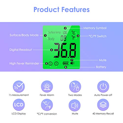Termometro Infrarrojos para adultos Termómetro infrarrojo de frente Termómetro digital 2 en 1 Termómetros sin contacto con alarma de fiebre, Función de memoria, Termómetro para bebés