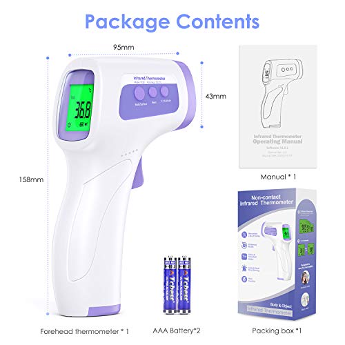 Termometro Infrarrojos para adultos Termómetro infrarrojo de frente Termómetro digital 2 en 1 Termómetros sin contacto con alarma de fiebre, Función de memoria, Termómetro para bebés