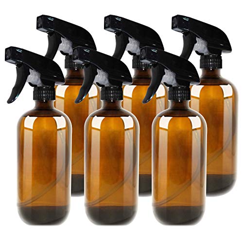 THETIS Botellas de Spray vacías de ámbar Boston de 500ml (6 Paquete de) - Contenedor rellenable con pulverizadores de gatillo, Tapas y Etiquetas, Frasco de Vidrio para aceites Esenciales