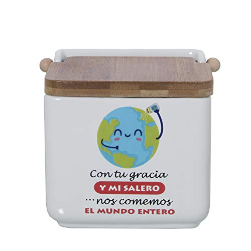 TIENDA EURASIA® Saleros de Cocina con Tapa Originales - Cerámica con Tapa de Bambú - 12x12x12cm (EL Mundo Entero)