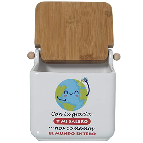 TIENDA EURASIA® Saleros de Cocina con Tapa Originales - Cerámica con Tapa de Bambú - 12x12x12cm (EL Mundo Entero)