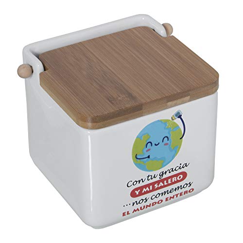 TIENDA EURASIA® Saleros de Cocina con Tapa Originales - Cerámica con Tapa de Bambú - 12x12x12cm (EL Mundo Entero)