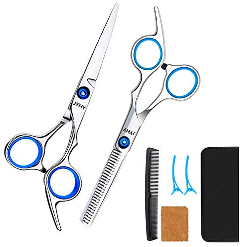 Tijeras Peluqueria Profesional con Navaja Kit Tijeras de Peluqueria completa Acero Inoxidable 6 pulgadas para Peluquero y Salón Tijeras Pelo Plateado,Azul