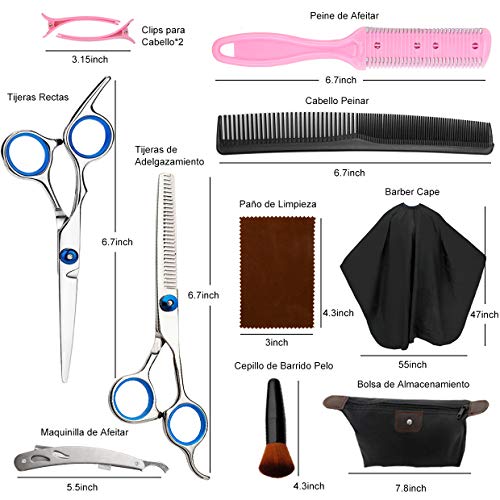 Tijeras Peluquería Profesional Juego de Tijeras de Acero Inoxidable de Primera con Navaja de Afeitar y Peine de Maquinilla de Afeitar, Clips Para Salón con Capa de Barbero para Hombres y Mujeres