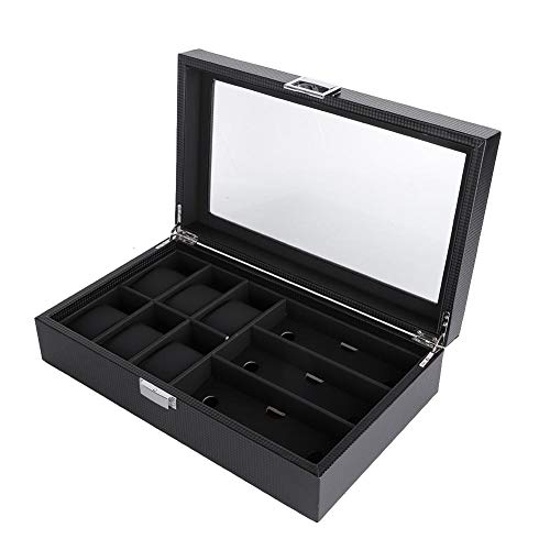 TMISHION Multi-funtion 3 Slot Vitrina, Lujosa PU 6 Slot Leather Glasses Box, Glass Lid Watch Organizador de Almacenamiento Elegent Regalos Regalos de cumpleaños para Hombres y Mujeres