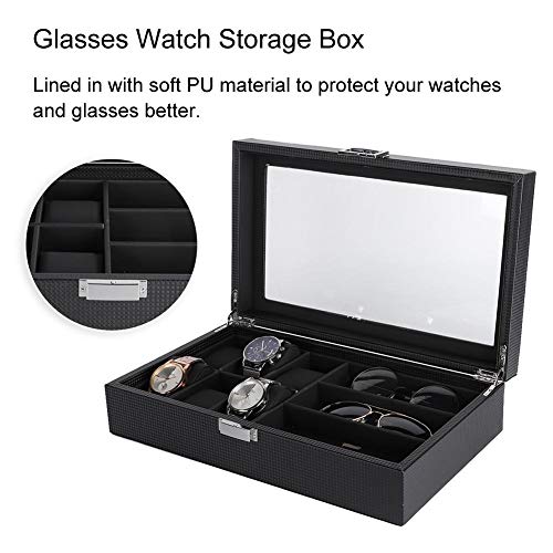 TMISHION Multi-funtion 3 Slot Vitrina, Lujosa PU 6 Slot Leather Glasses Box, Glass Lid Watch Organizador de Almacenamiento Elegent Regalos Regalos de cumpleaños para Hombres y Mujeres