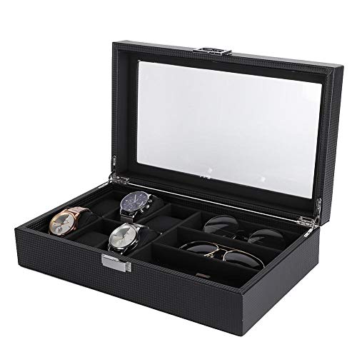 TMISHION Multi-funtion 3 Slot Vitrina, Lujosa PU 6 Slot Leather Glasses Box, Glass Lid Watch Organizador de Almacenamiento Elegent Regalos Regalos de cumpleaños para Hombres y Mujeres