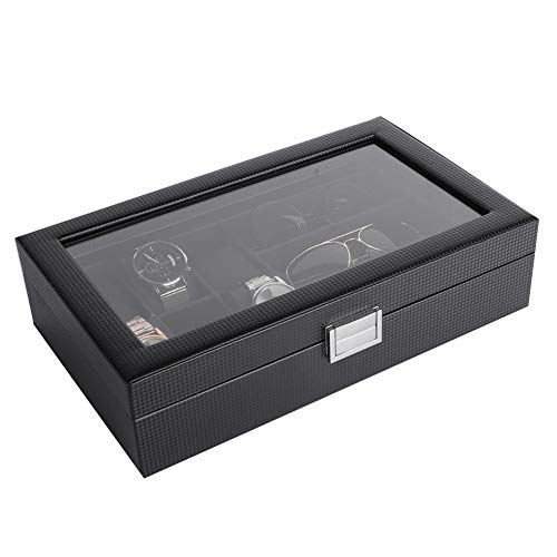 TMISHION Multi-funtion 3 Slot Vitrina, Lujosa PU 6 Slot Leather Glasses Box, Glass Lid Watch Organizador de Almacenamiento Elegent Regalos Regalos de cumpleaños para Hombres y Mujeres