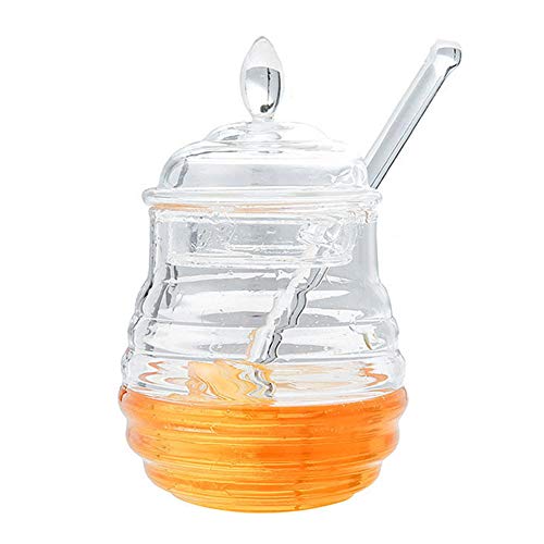 Tnfeeon - Recipiente para Miel (Cristal, 245 ml, con Cuchara para Miel y Soporte para Goteo de Miel, para Guardar y entregar Miel en Tus Alimentos o Bebidas preferidos)