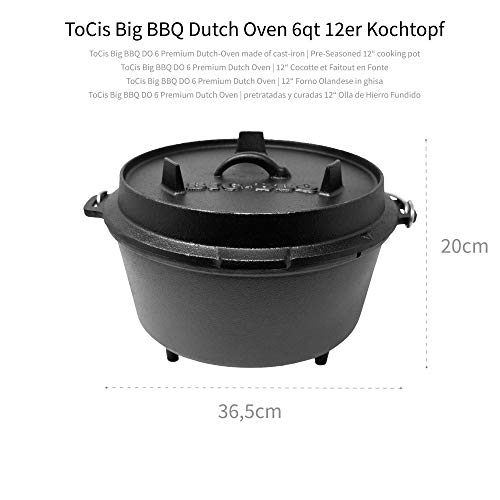 ToCis Big BBQ DO 6 Premium Dutch Oven | Horno holandés de Hierro Fundido | pretratadas y curadas 12" Olla de Hierro Fundido | con Elevador y Soporte para la Tapa | con Las piernas