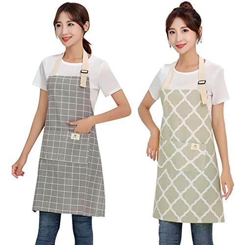 Tongliang 2 Piezas Delantales de Cocina Delantales Impermeables Delantal de Lino Algodón Ajustable Suave con Bolsillo para Mujeres y Hombres Gris y Verde Claro