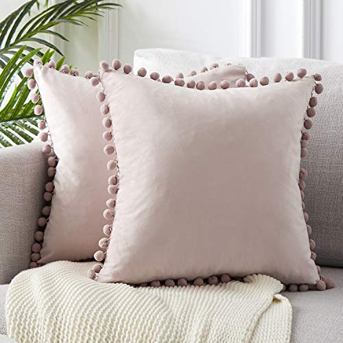 Topfinel Juego de 2 Cojines Fundas Terciopelo Decorativa Hogar Almohadas Fundas con pelota de Color Sólido Para Cama Sofás Sala de Estar Dormitorio Sala de Estudio Jardín Coche 45x45cm Rosa