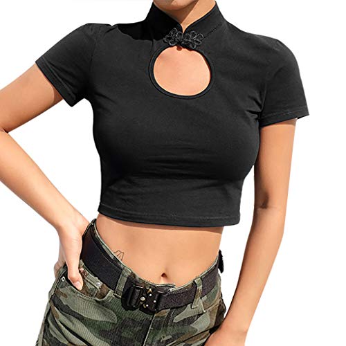 TOPKEAL Camiseta Corta de Manga Corta de Cuello Alto y Color Liso de Estilo Oriental de China para Mujer