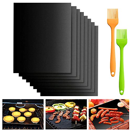 TOPSEAS Estera de Barbacoa,8 Piezas Alfombrilla Reutilizable de Barbacoa Horno,Gas Carbón,Parrilla y Barbacoa Apto a Carne,Pescado y Verduras 40x33cm con 2 Pinceles