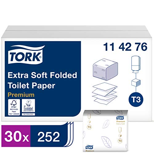 Tork 114276 Papel higiénico extra suave plegado de 2 capas compatible con el sistema higiénico T3, 30 recambios x 252 hojas (total 7560 hojas)