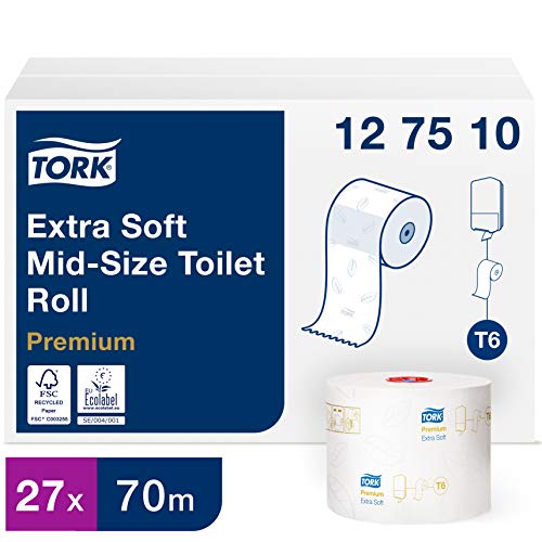 Tork 127510 Papel higiénico extra suave y compacto Premium de 3 capas compatibles con el sistema higiénico T6, 27 rollos (27 x 70 m)