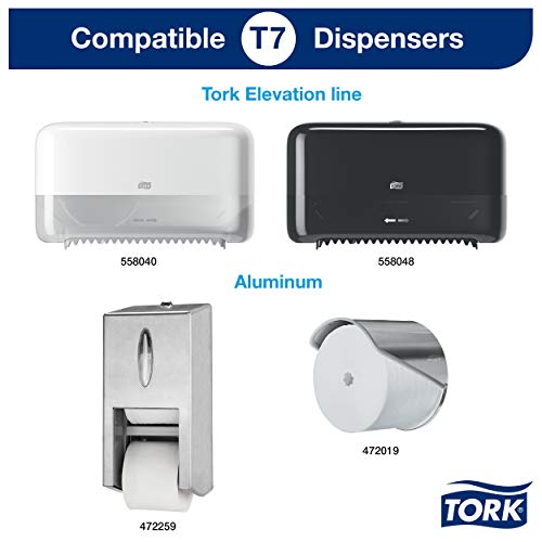 Tork 472139 Rollos de papel higiénico sin mandril de tamaño mediano Tork, 3 capas compatible con el sistema higiénico T7, 18 rollos (18 x 550 hojas), Color Blanco