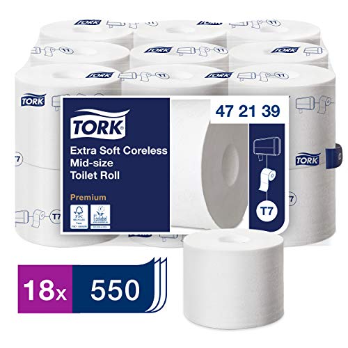 Tork 472139 Rollos de papel higiénico sin mandril de tamaño mediano Tork, 3 capas compatible con el sistema higiénico T7, 18 rollos (18 x 550 hojas), Color Blanco