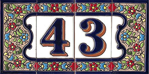 TORO DEL ORO Números casa. Numeros y Letras en azulejo Ceramica esmaltada, Pintados a Mano técnica Cuerda Seca. Nombres y direcciones. Diseño Flor Mediana 5,5x10,5 cm (Número cuatro"4")