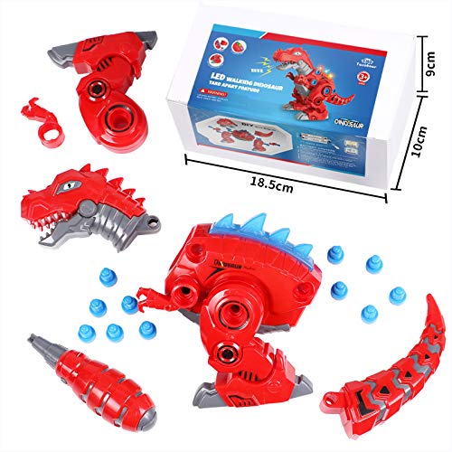 Toyssa Dinosaurio Juguete caminador con LED Luz y Sonido Juego Construccion Puzzle T-Rex Dinosaurios Juguetes para Niños y Niñas 3+ Años (Rojo)