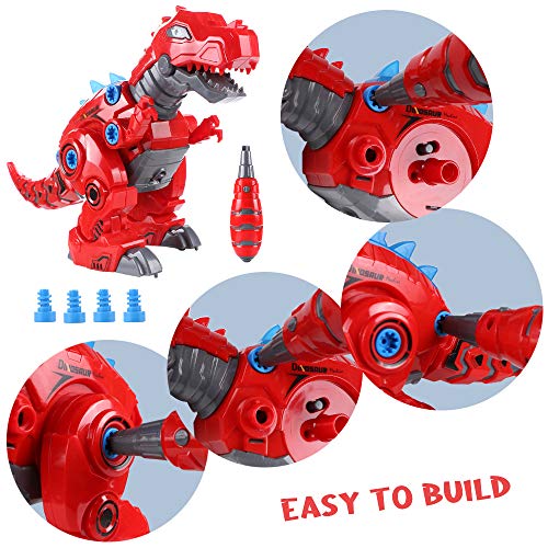 Toyssa Dinosaurio Juguete caminador con LED Luz y Sonido Juego Construccion Puzzle T-Rex Dinosaurios Juguetes para Niños y Niñas 3+ Años (Rojo)