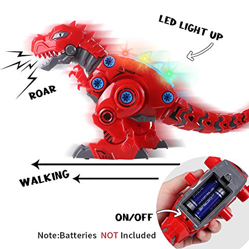 Toyssa Dinosaurio Juguete caminador con LED Luz y Sonido Juego Construccion Puzzle T-Rex Dinosaurios Juguetes para Niños y Niñas 3+ Años (Rojo)