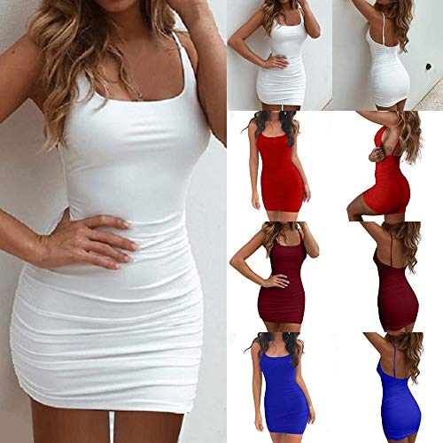 Tramo corto vestido del chaleco del verano del vestido de las mujeres de espagueti sin mangas para, con cuello en V sin tirantes Vestidos de playa elegantes vestidos mini vestido del partido,Blanco,XL