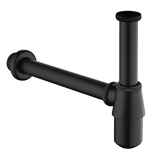 Trampa para botellas con tubo de extensión de 200 mm, marca Keymark Universal para desagües decorativos, olores, P trampas de 1 1/4 x 32 mm, para lavabo de baño, color negro