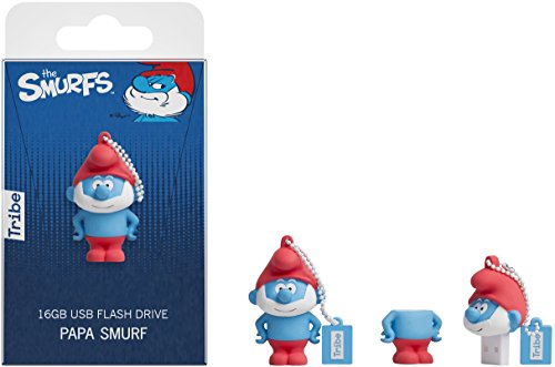 Tribe Los Pitufos Papa Pitufo - Memoria USB 2.0 16 GB Pendrive Flash Drive de goma con llavero, Gran Pitufo, color azul y rojo