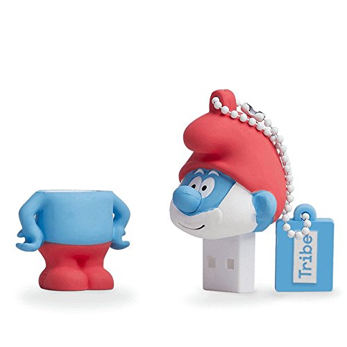 Tribe Los Pitufos Papa Pitufo - Memoria USB 2.0 16 GB Pendrive Flash Drive de goma con llavero, Gran Pitufo, color azul y rojo