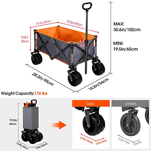 Triple Tree Carrito Plegable con Mango Ajustable,Plegable,Ruedas Grandes 360,con Placa de Suelo para Camping,Playa,Jardín, Compras,80 kg Capacidad (Naranja)