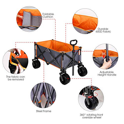 Triple Tree Carrito Plegable con Mango Ajustable,Plegable,Ruedas Grandes 360,con Placa de Suelo para Camping,Playa,Jardín, Compras,80 kg Capacidad (Naranja)