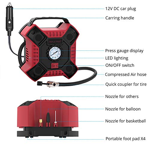 TRIPLE TREE Compresor Aire Coche 12V, Compresor Aire Portatil 11L/Min con Manómetro Analógico, 4 Boquillas más y Lámpara LED para Automóvil, Motocicleta, Bicicleta, Baloncesto, Globo, etc - Rojo